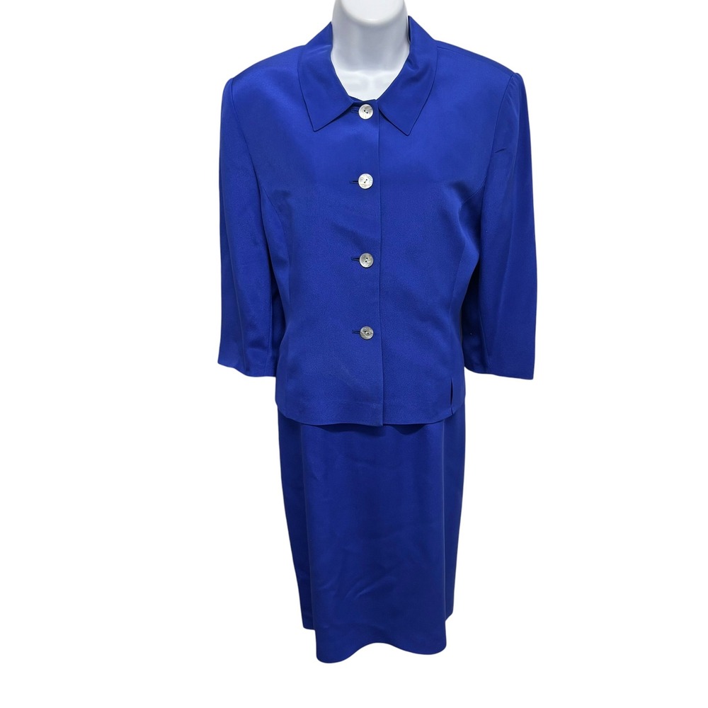 Amanda Smith Petite Royal Blue 100% Silk Dress & Jacket Suit Set Size 10P